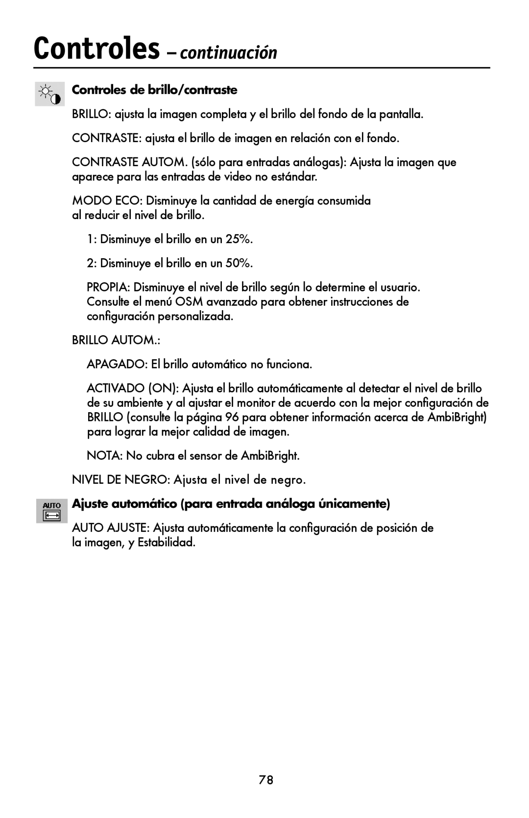 NEC LCD1990FXTM user manual Controles de brillo/contraste, Ajuste automático para entrada análoga únicamente 