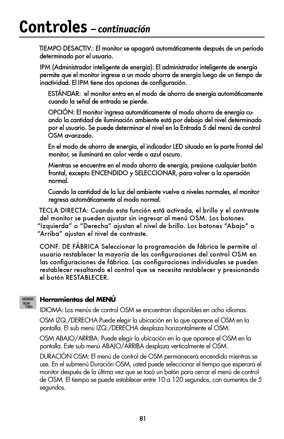 NEC LCD1990FXTM user manual Herramientas del Menú 