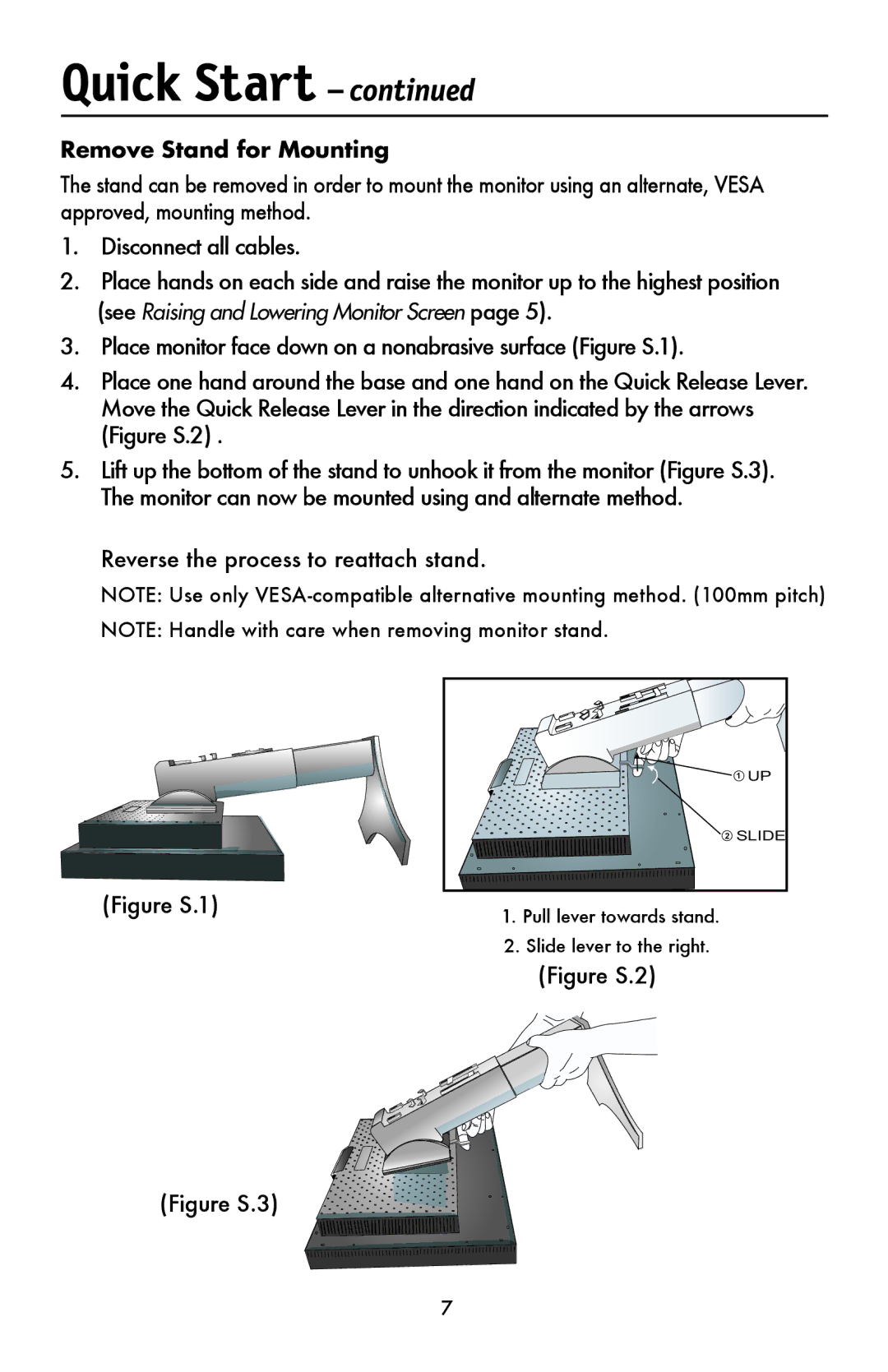 NEC LCD1990FXTM user manual Remove Stand for Mounting, Pull lever towards stand Slide lever to the right 