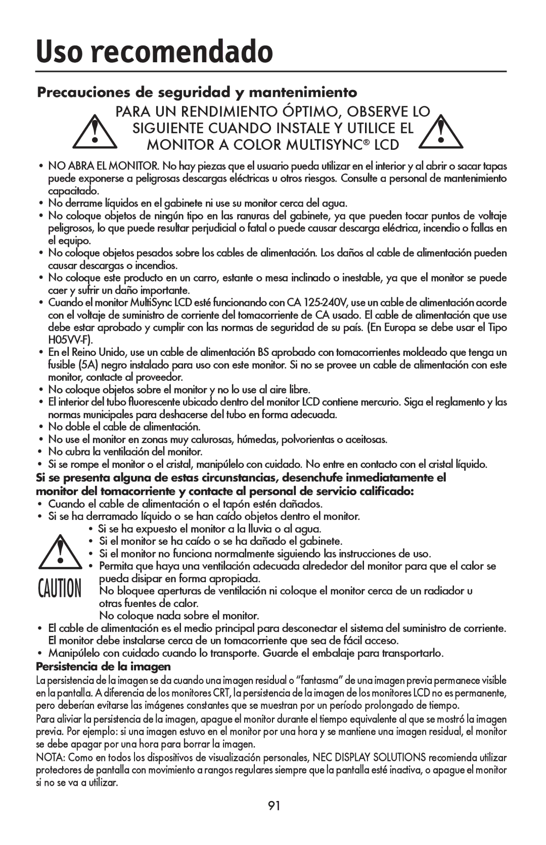 NEC LCD1990FXTM user manual Uso recomendado, Precauciones de seguridad y mantenimiento, Otras fuentes de calor 