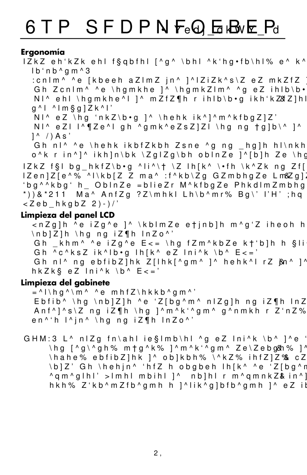 NEC LCD1990FXTM user manual Ergonomía, Limpieza del panel LCD, Limpieza del gabinete 