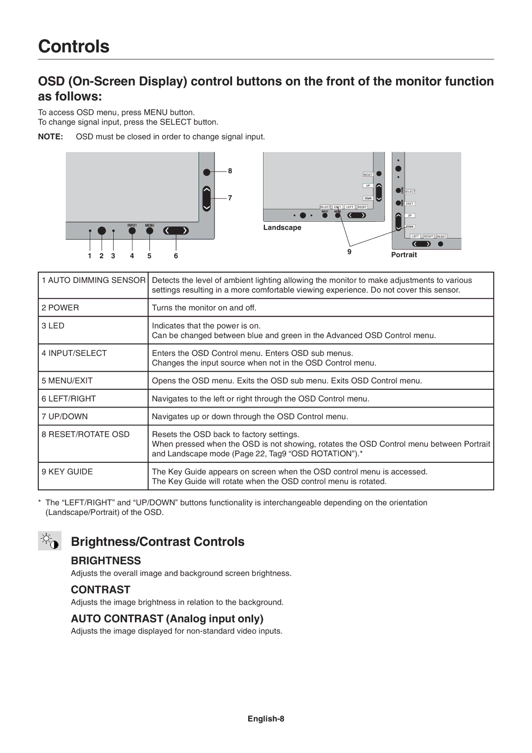 NEC LCD1990SX user manual Brightness/Contrast Controls, English-8 