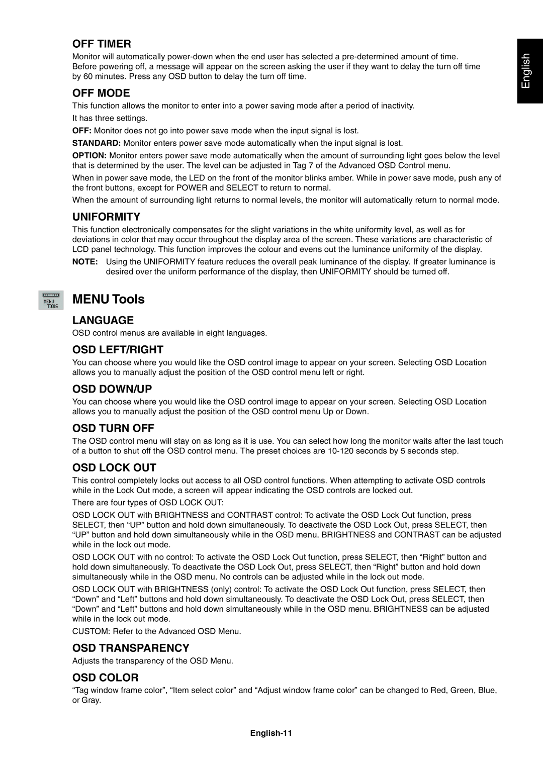 NEC LCD1990SX user manual Menu Tools 