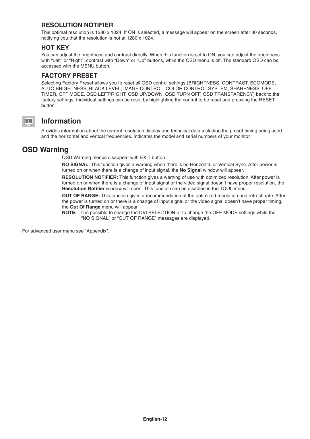 NEC LCD1990SX user manual Information, OSD Warning, Resolution Notifier, Hot Key, Factory Preset 