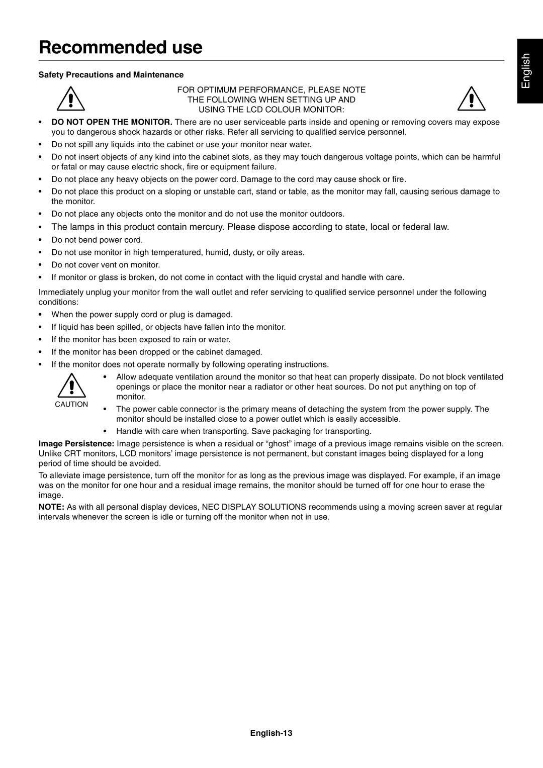 NEC LCD1990SX user manual Recommended use, Safety Precautions and Maintenance, English-13 