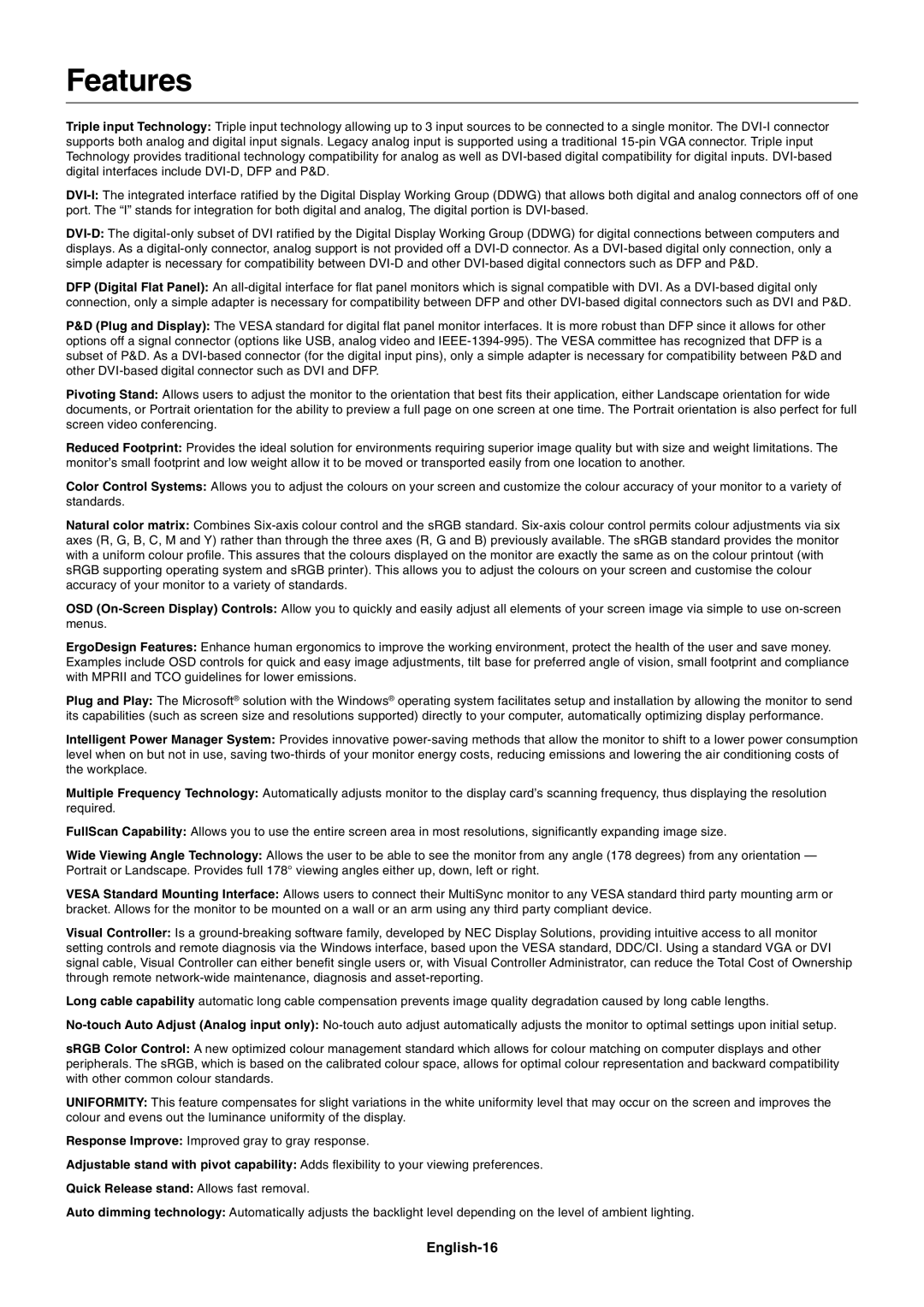 NEC LCD1990SX user manual Features, English-16 