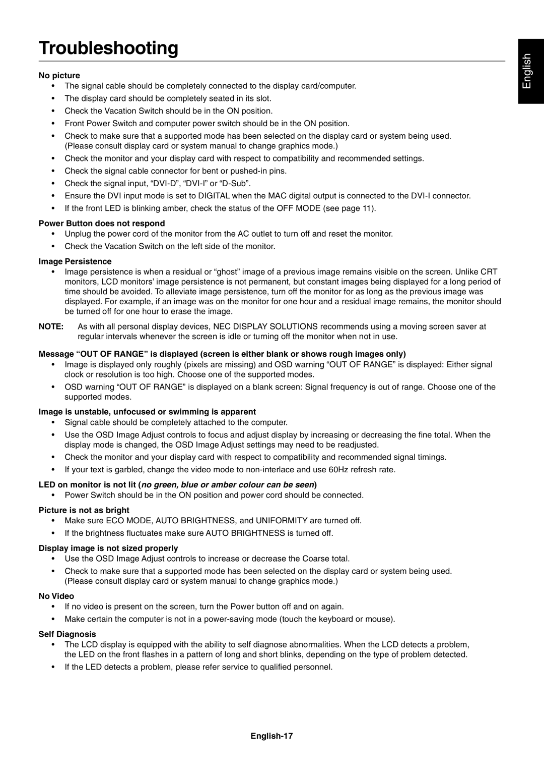 NEC LCD1990SX user manual Troubleshooting 