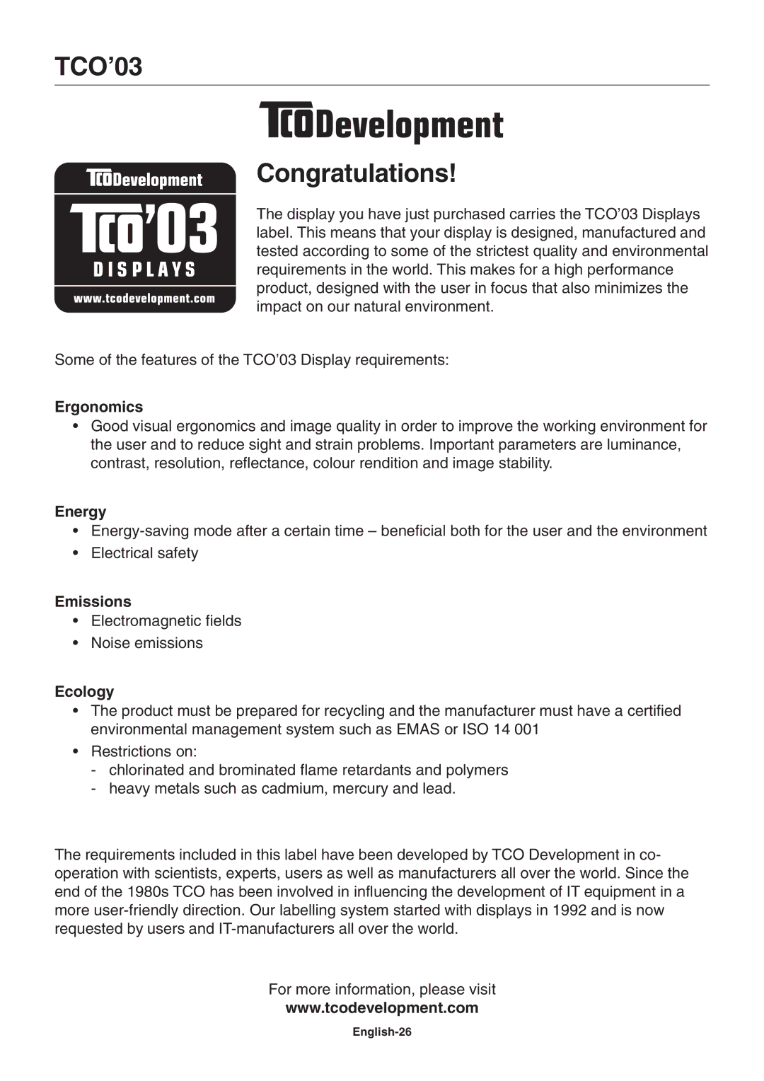 NEC LCD1990SX user manual TCO’03 Congratulations, English-26 