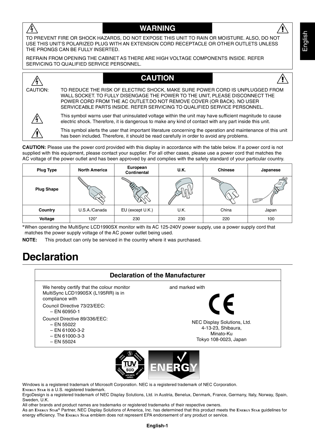 NEC LCD1990SX user manual Declaration, English-1 