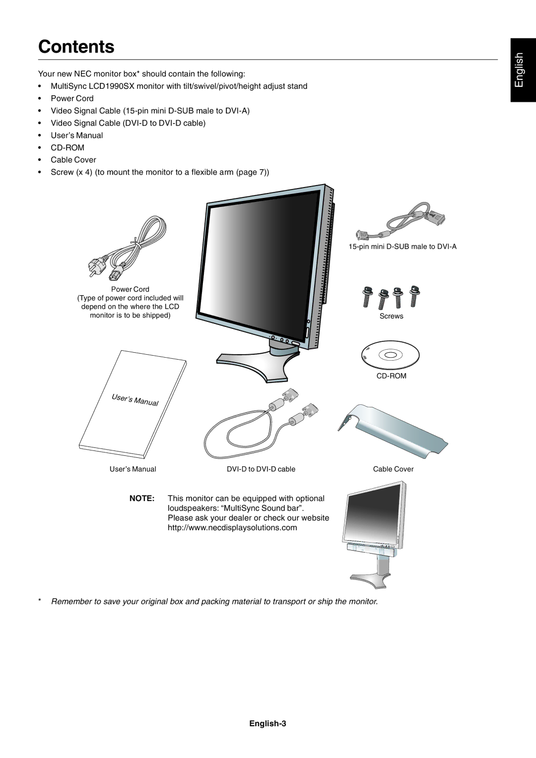 NEC LCD1990SX user manual Contents 