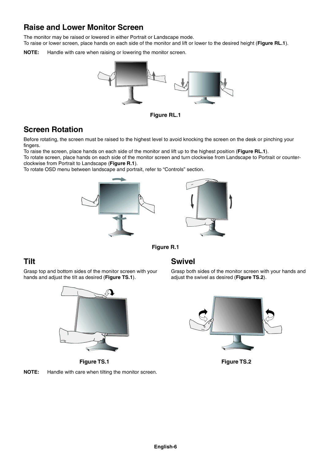 NEC LCD1990SX user manual Raise and Lower Monitor Screen, Screen Rotation, Tilt, Swivel, English-6 