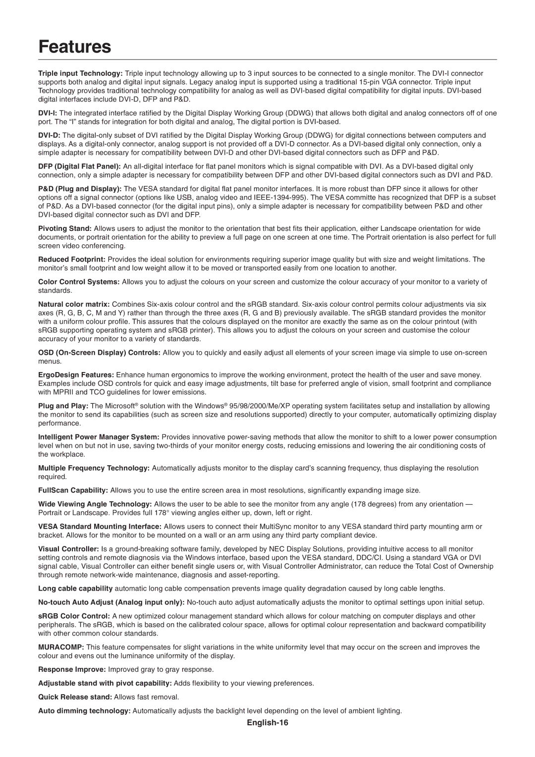 NEC LCD1990SXi user manual Features, English-16 
