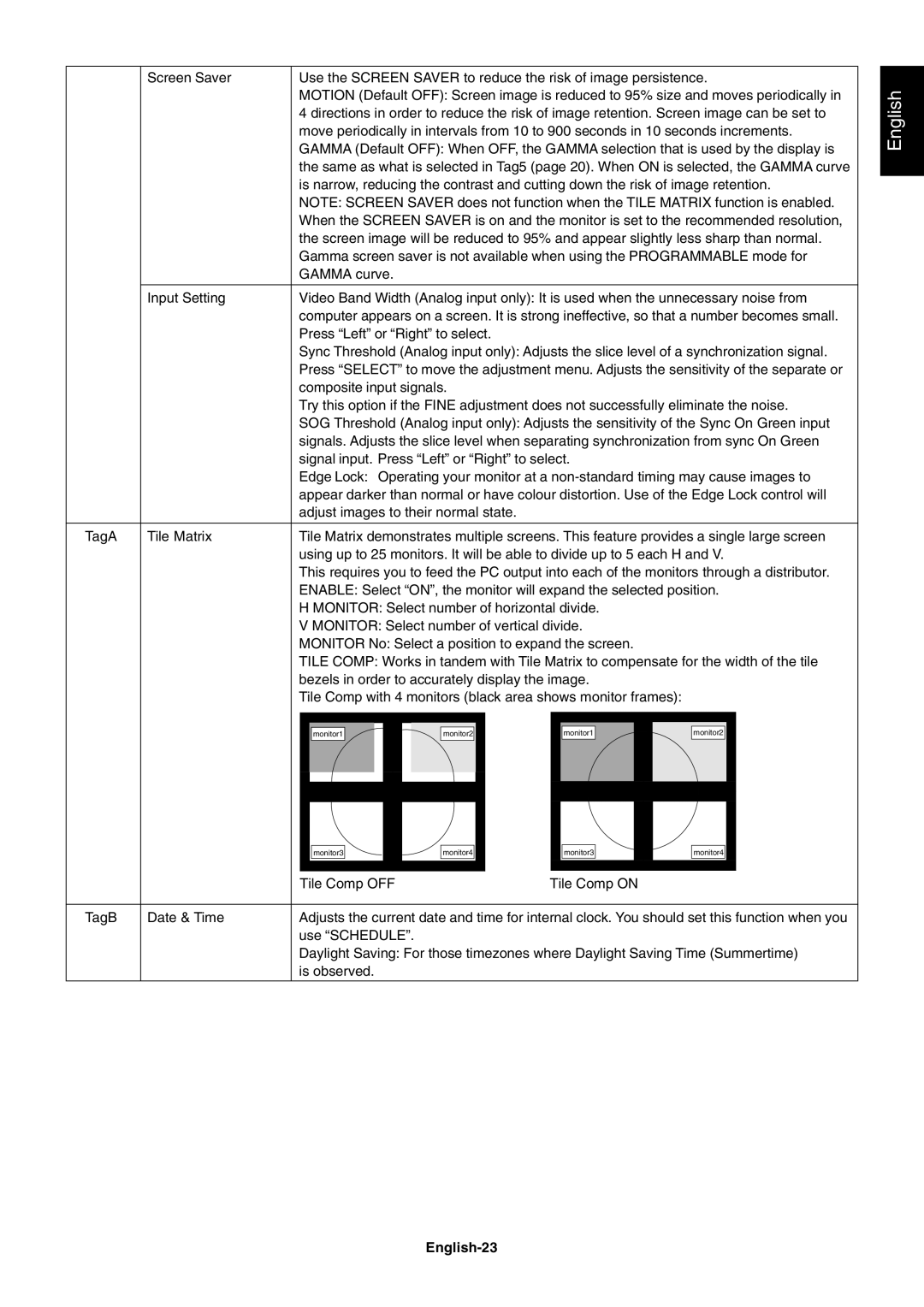 NEC LCD1990SXi user manual Tile Comp OFF Tile Comp on TagB Date & Time, English-23 