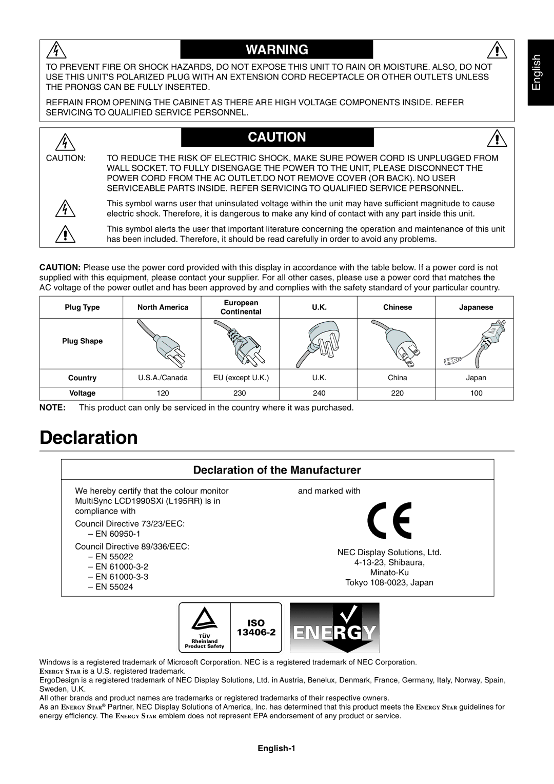 NEC LCD1990SXi user manual Declaration, English-1 