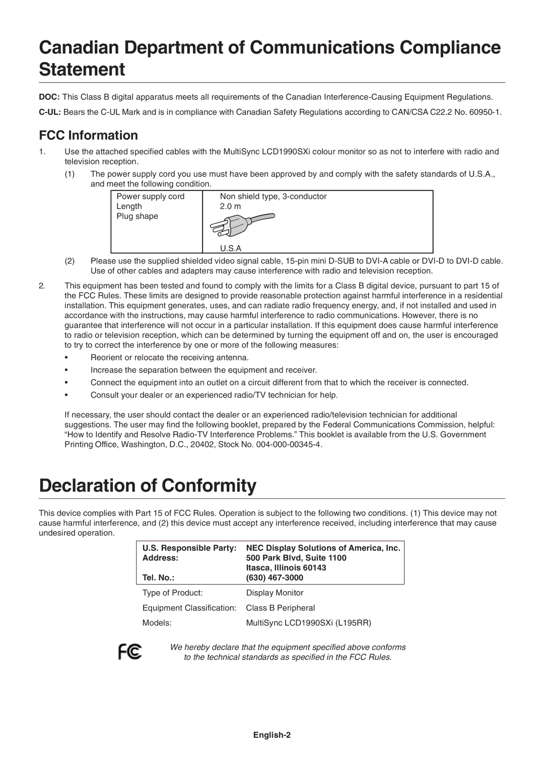 NEC LCD1990SXi Canadian Department of Communications Compliance Statement, Declaration of Conformity, FCC Information 