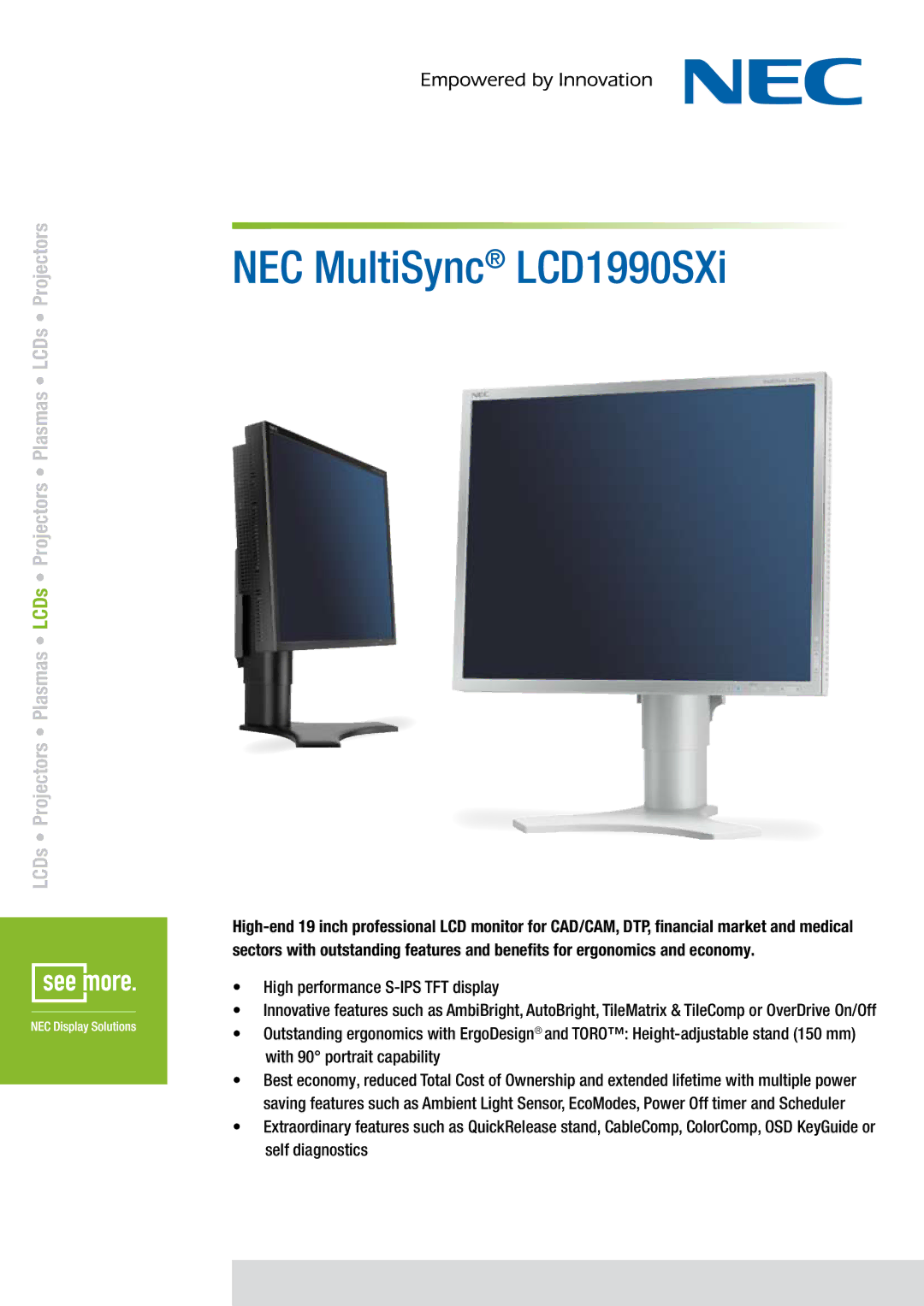 NEC manual NEC MultiSync LCD1990SXi, Datenblatt, High performance S-IPS TFT display 