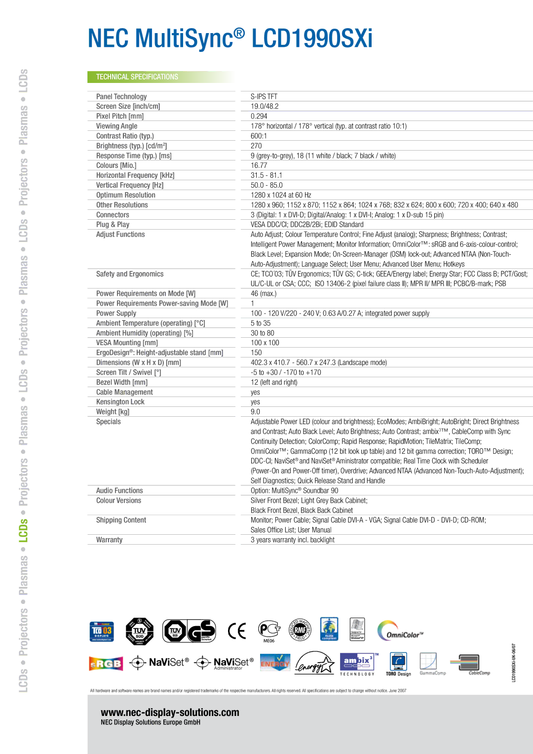 NEC LCD1990SXi manual LCDs, Technical Specifications, Ips Tft 