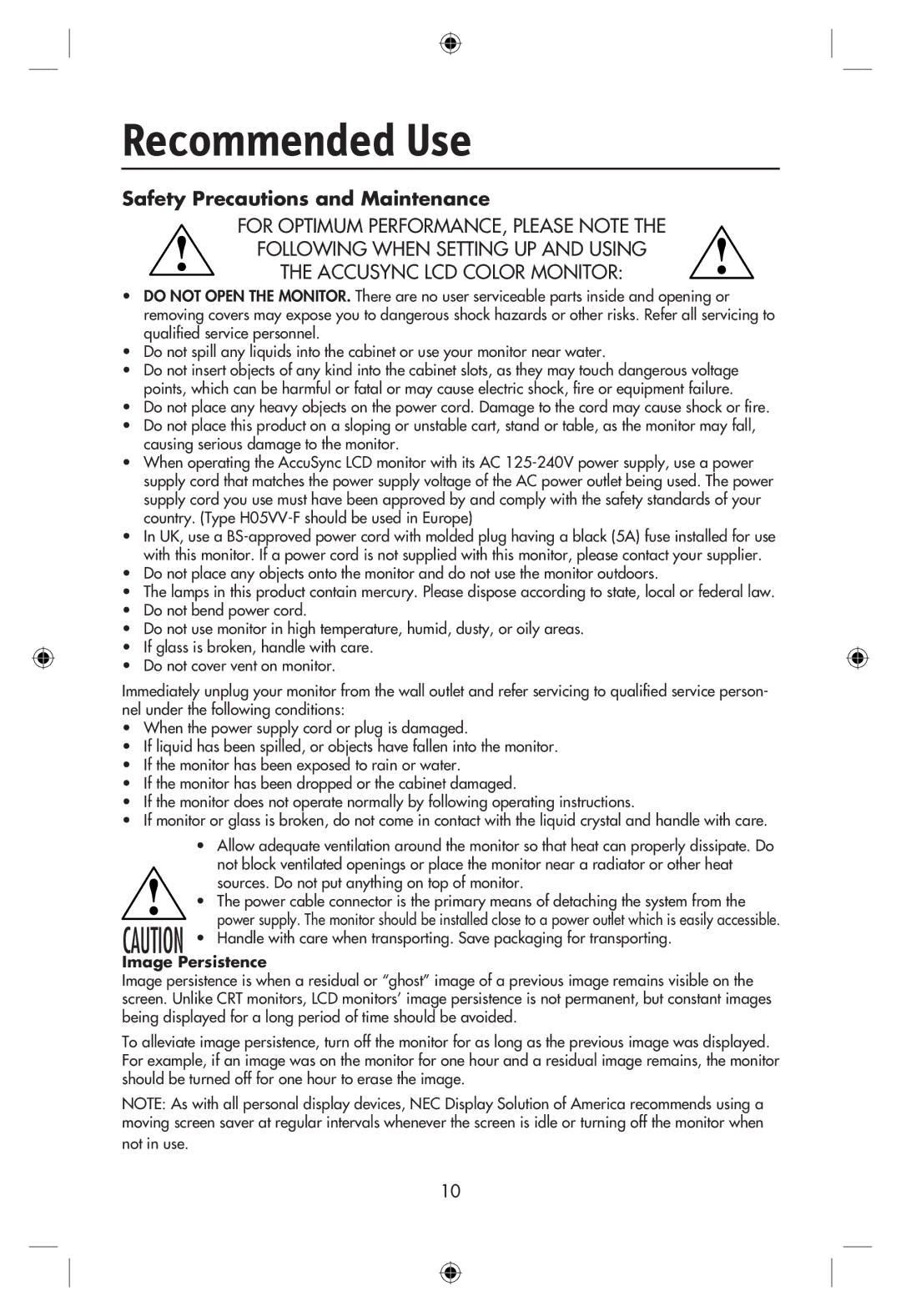 NEC LCD19WMGX user manual Recommended Use, Safety Precautions and Maintenance 