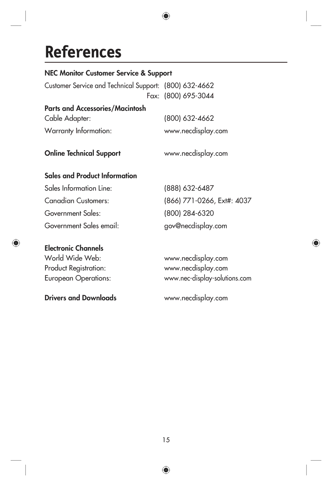 NEC LCD19WMGX user manual References, NEC Monitor Customer Service & Support 