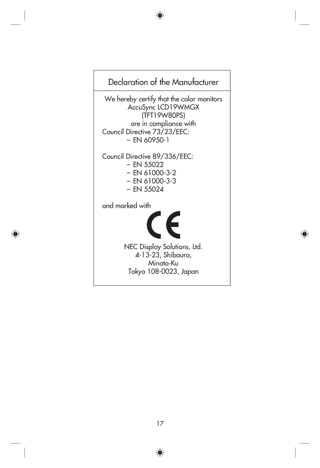 NEC LCD19WMGX user manual Declaration of the Manufacturer 