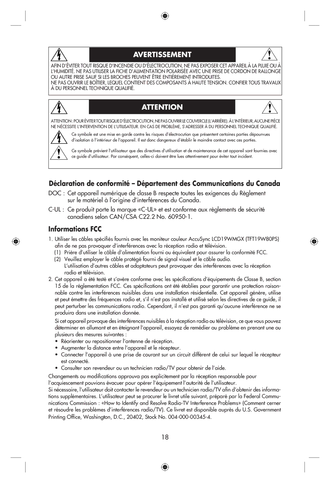 NEC LCD19WMGX user manual Avertissement, Informations FCC 