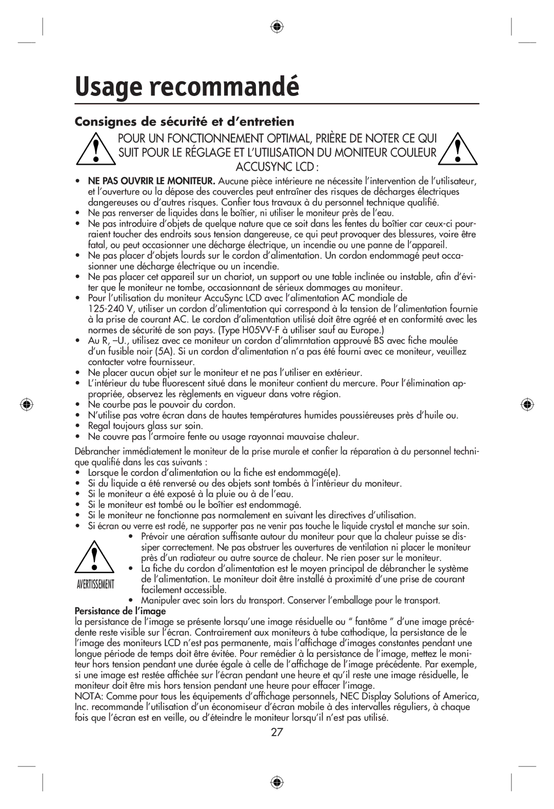 NEC LCD19WMGX user manual Usage recommandé, Consignes de sécurité et d’entretien 