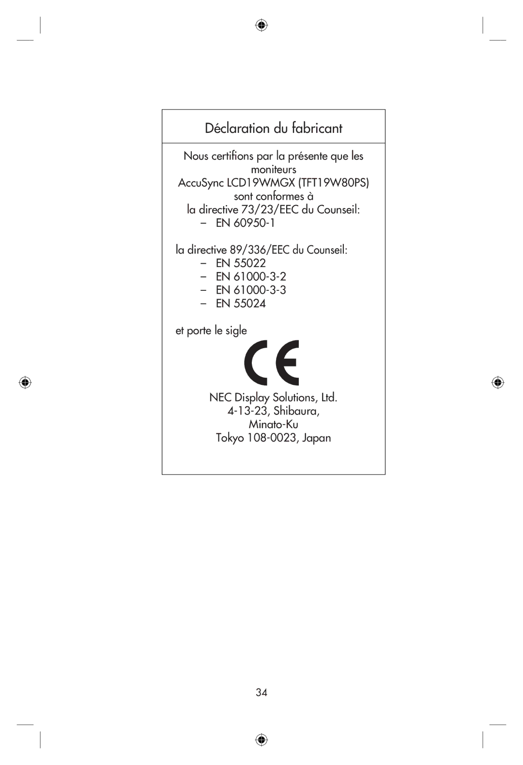 NEC LCD19WMGX user manual Déclaration du fabricant 