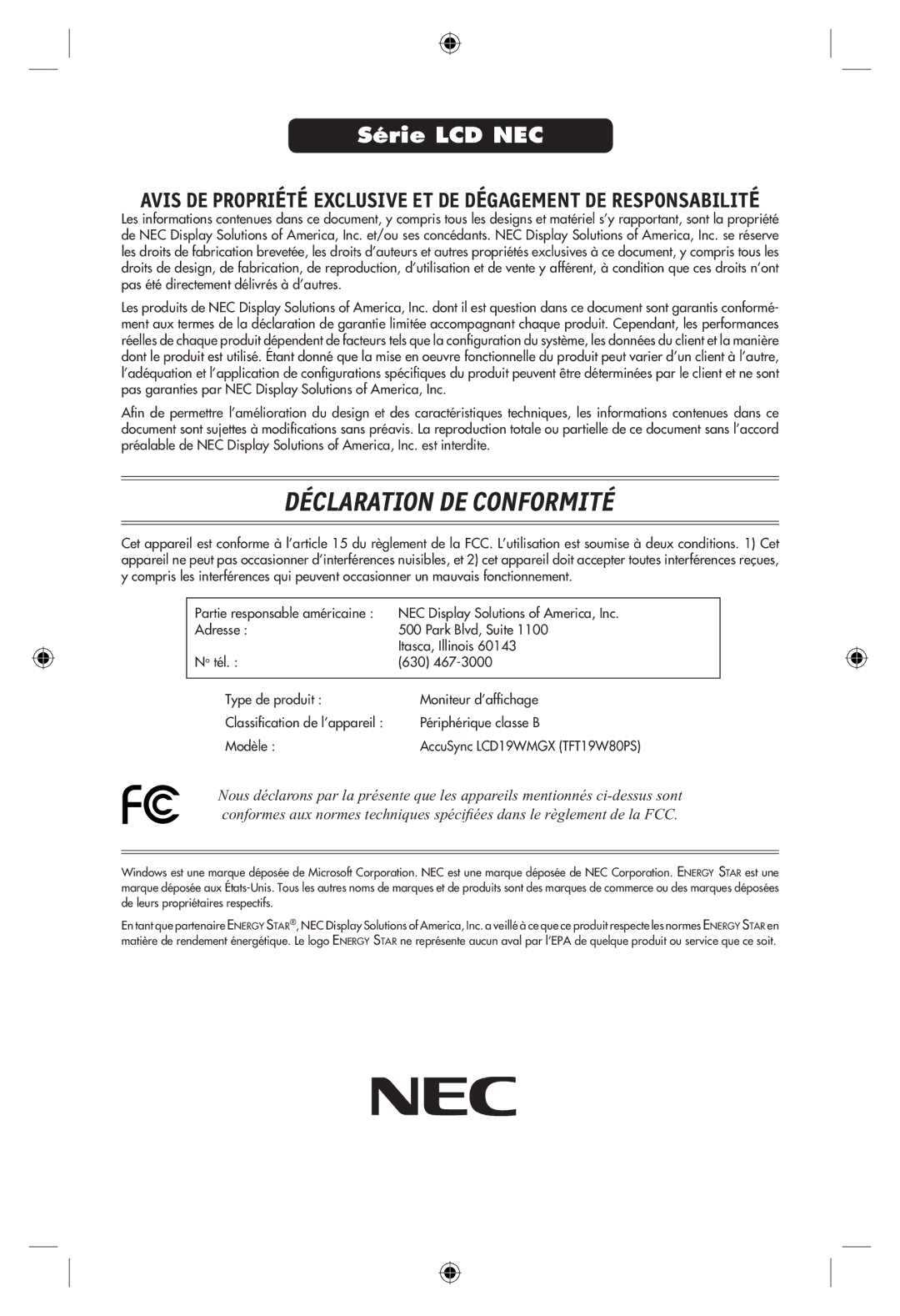 NEC LCD19WMGX user manual Déclaration DE Conformité 