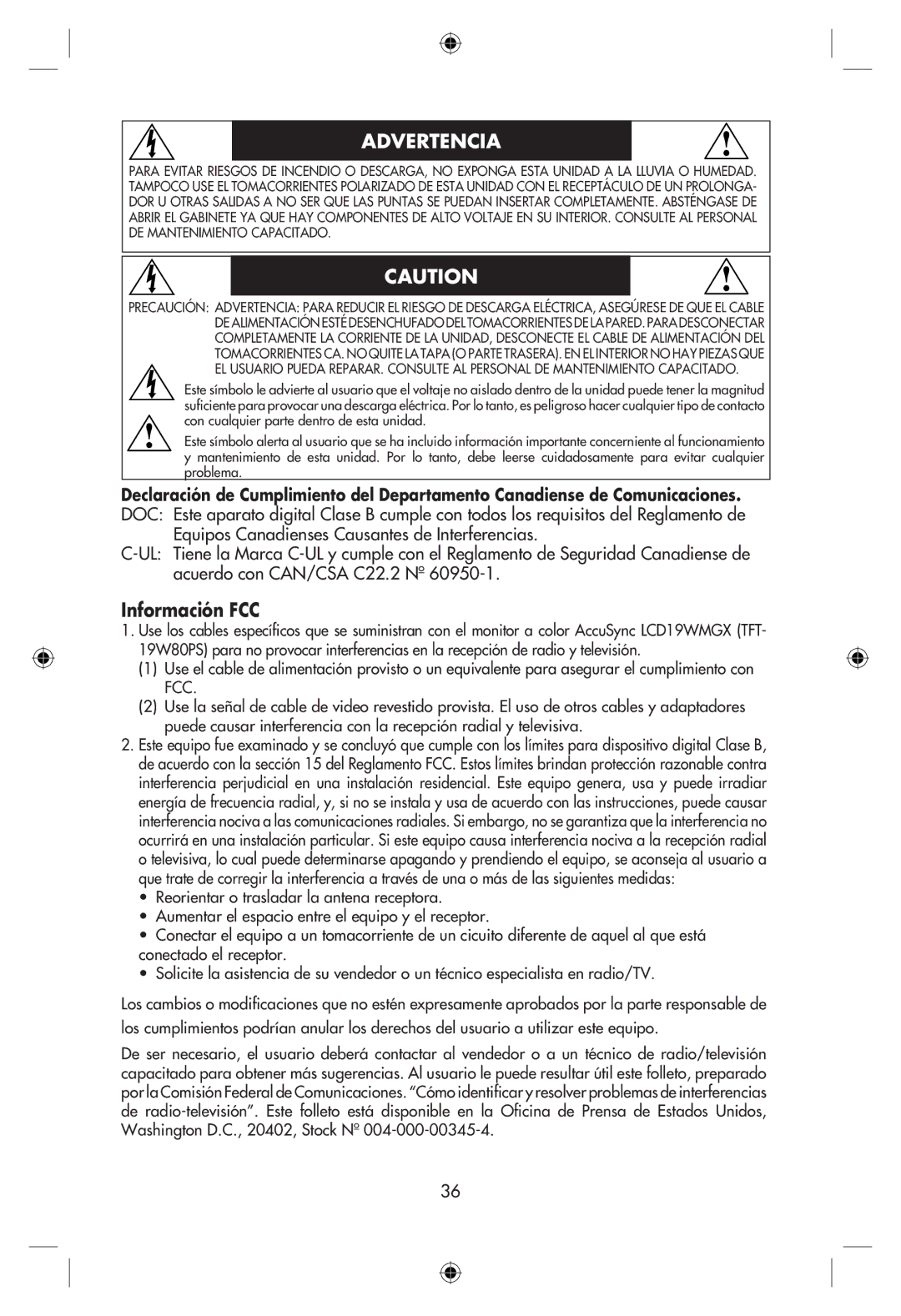 NEC LCD19WMGX user manual Advertencia, Información FCC 