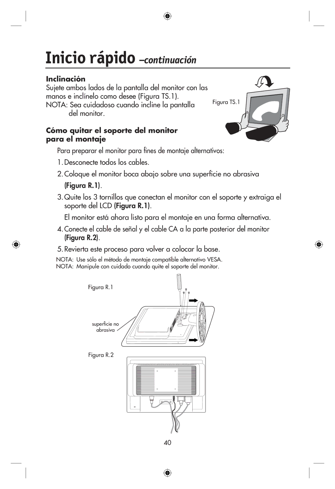 NEC LCD19WMGX user manual Inclinación, Cómo quitar el soporte del monitor para el montaje 