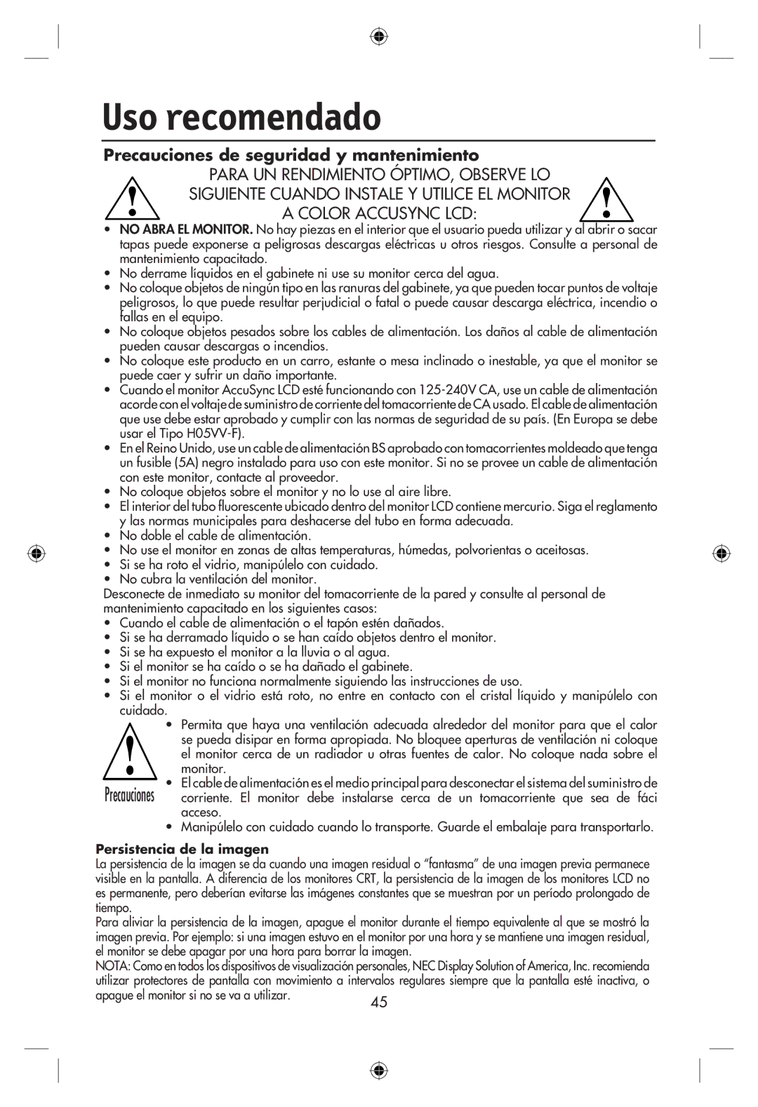 NEC LCD19WMGX user manual Uso recomendado, Precauciones de seguridad y mantenimiento 