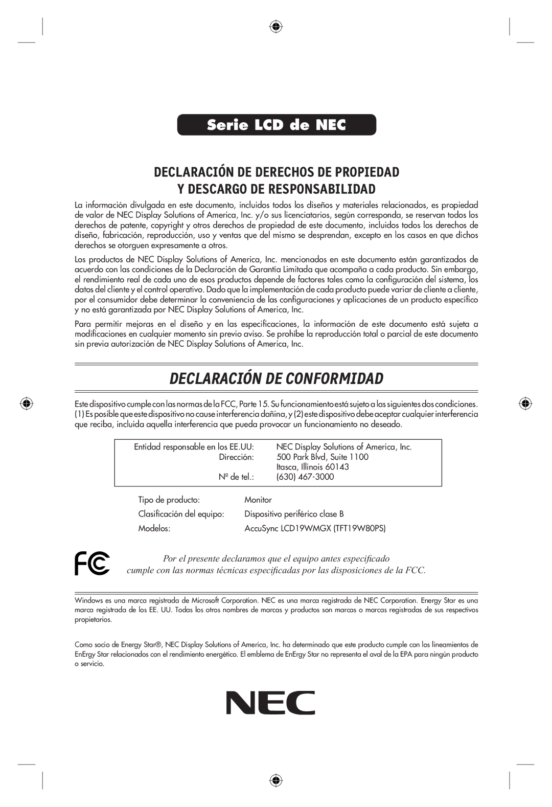 NEC LCD19WMGX user manual Declaración DE Conformidad 