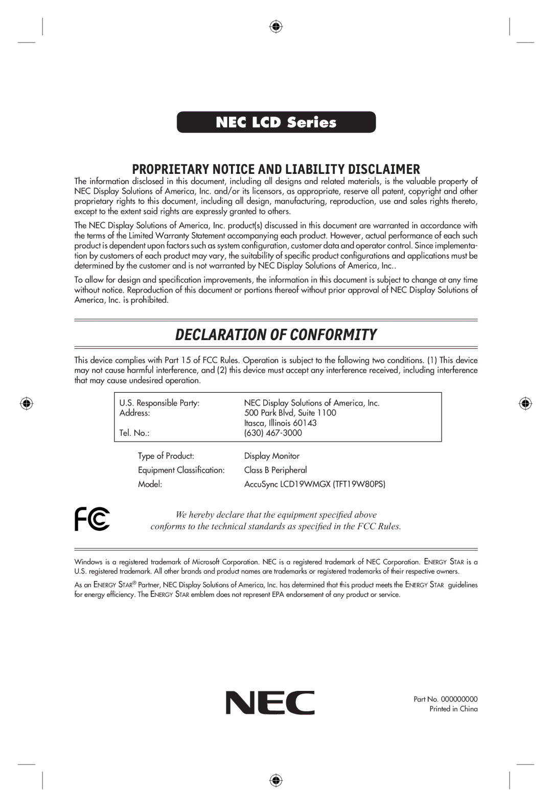 NEC LCD19WMGX user manual Declaration of Conformity 