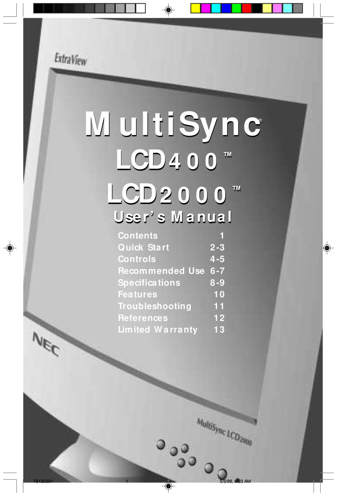 NEC LCD2000 user manual MultiSync, LCD400, User’s Manual 