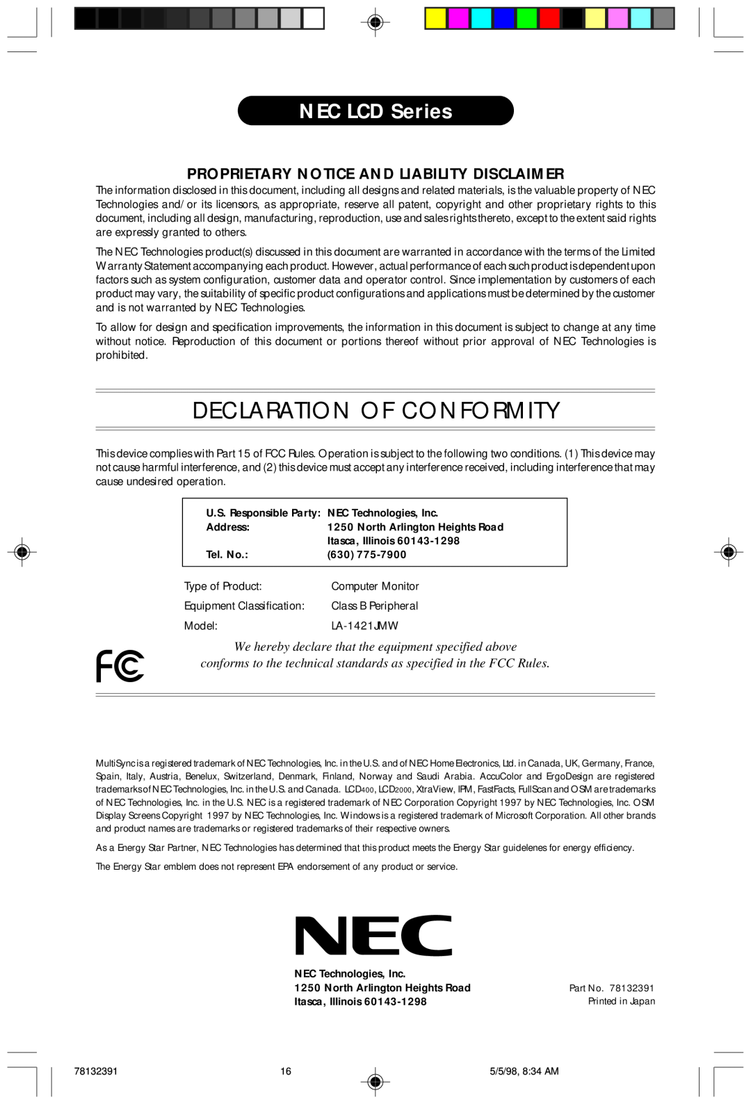 NEC LCD2000 user manual Declaration Of Conformity, NEC LCD Series, Proprietary Notice And Liability Disclaimer 
