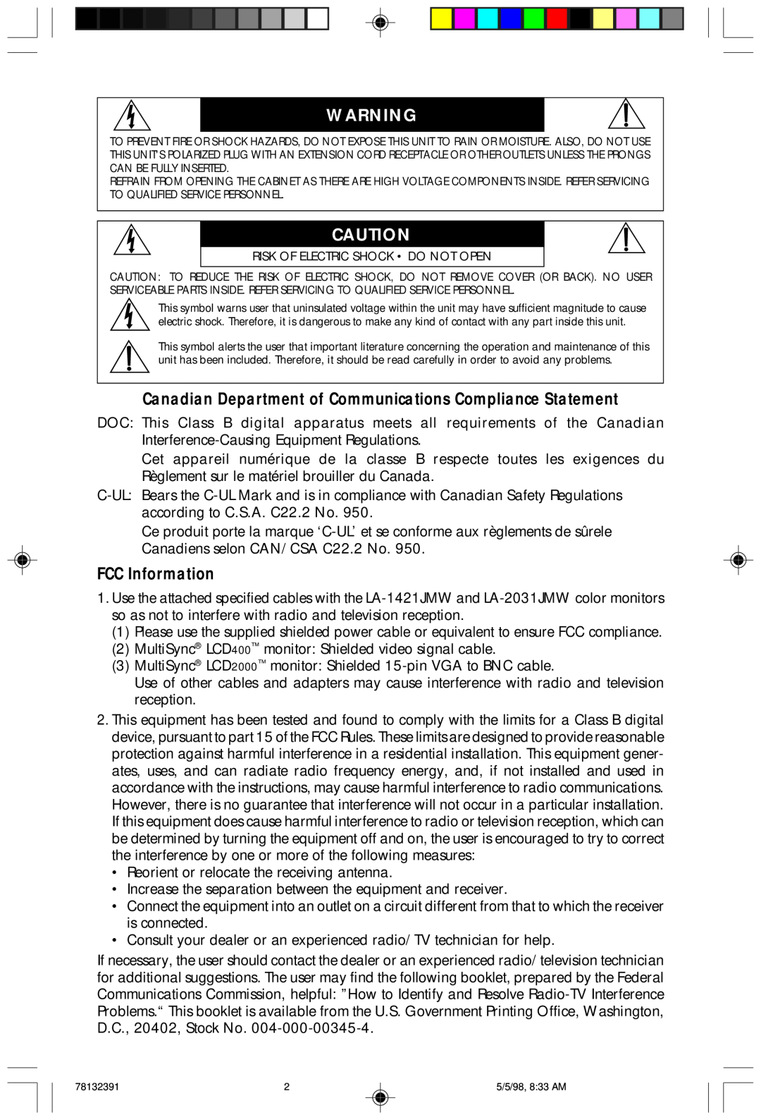 NEC LCD2000 user manual FCC Information 