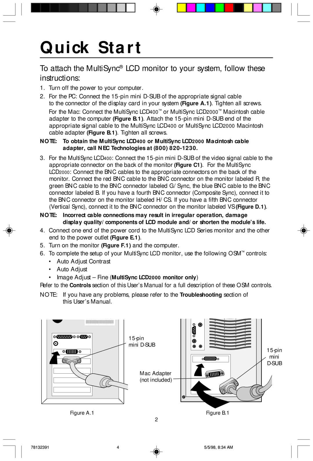 NEC LCD2000 user manual Quick Start 