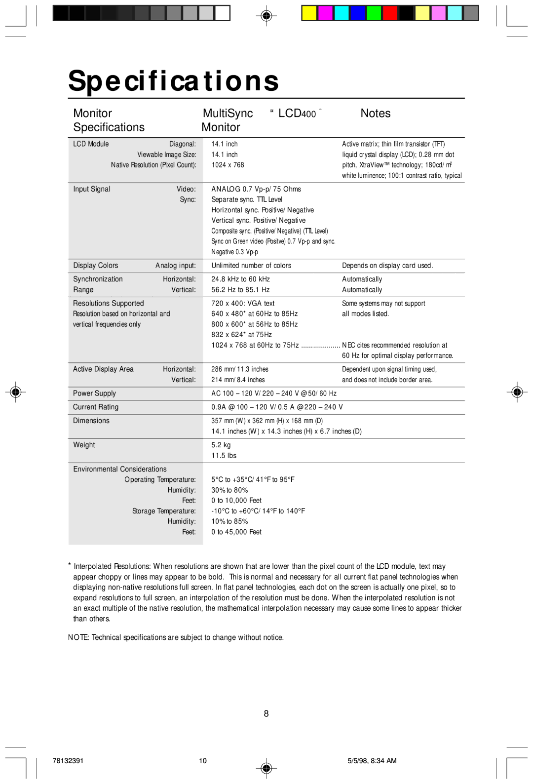 NEC LCD2000 user manual Monitor MultiSync LCD400 Specifications 