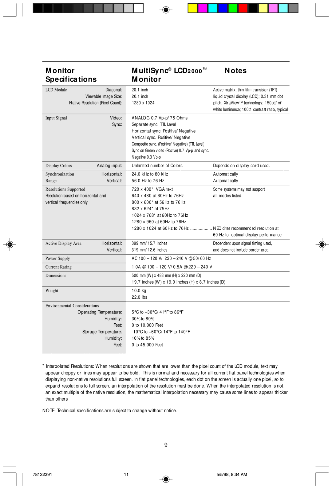 NEC user manual Monitor MultiSync LCD2000 Specifications, Native Resolution Pixel Count 1280 x 