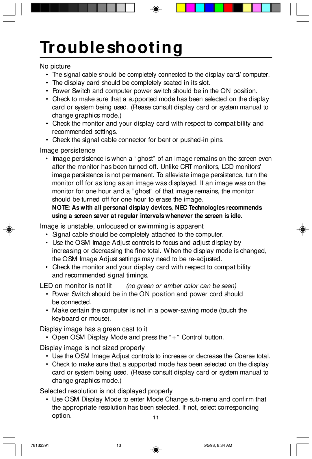 NEC LCD2000 user manual Troubleshooting 