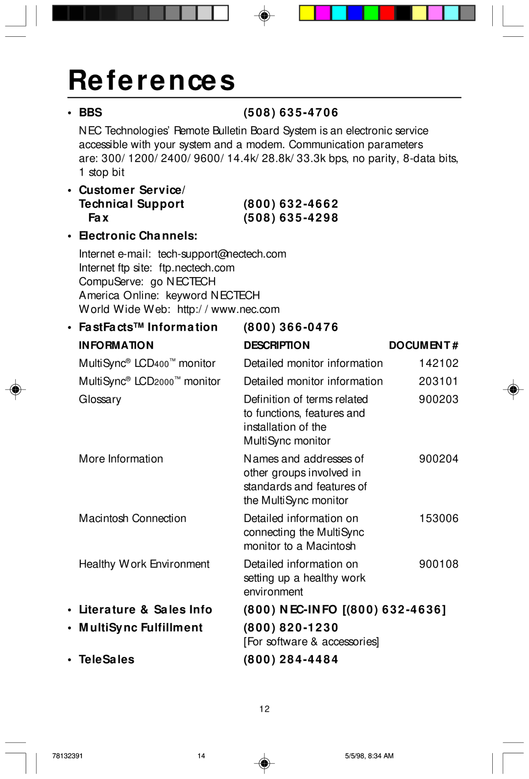 NEC LCD2000 References, 508, FastFacts Information 800, Literature & Sales Info NEC-INFO 800 MultiSync Fulfillment 