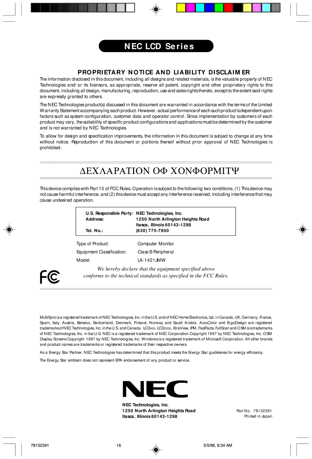 NEC LCD2000 user manual Declaration of Conformity 