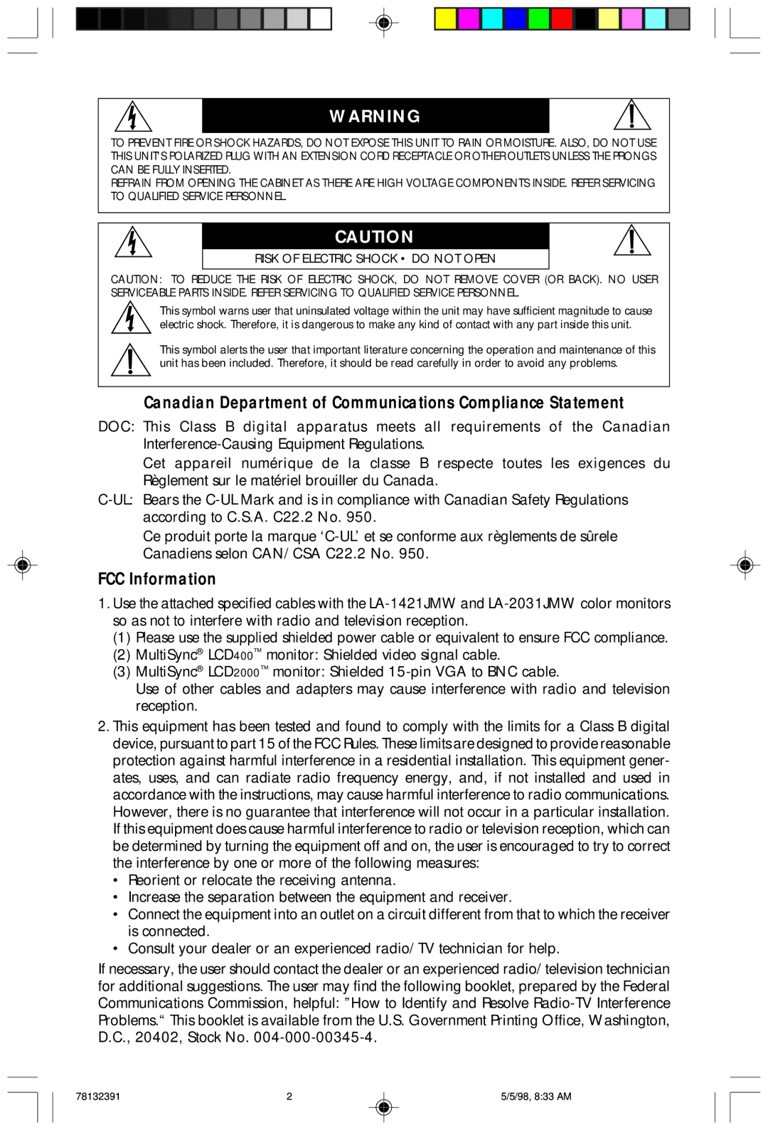 NEC LCD2000 user manual Canadian Department of Communications Compliance Statement, FCC Information 