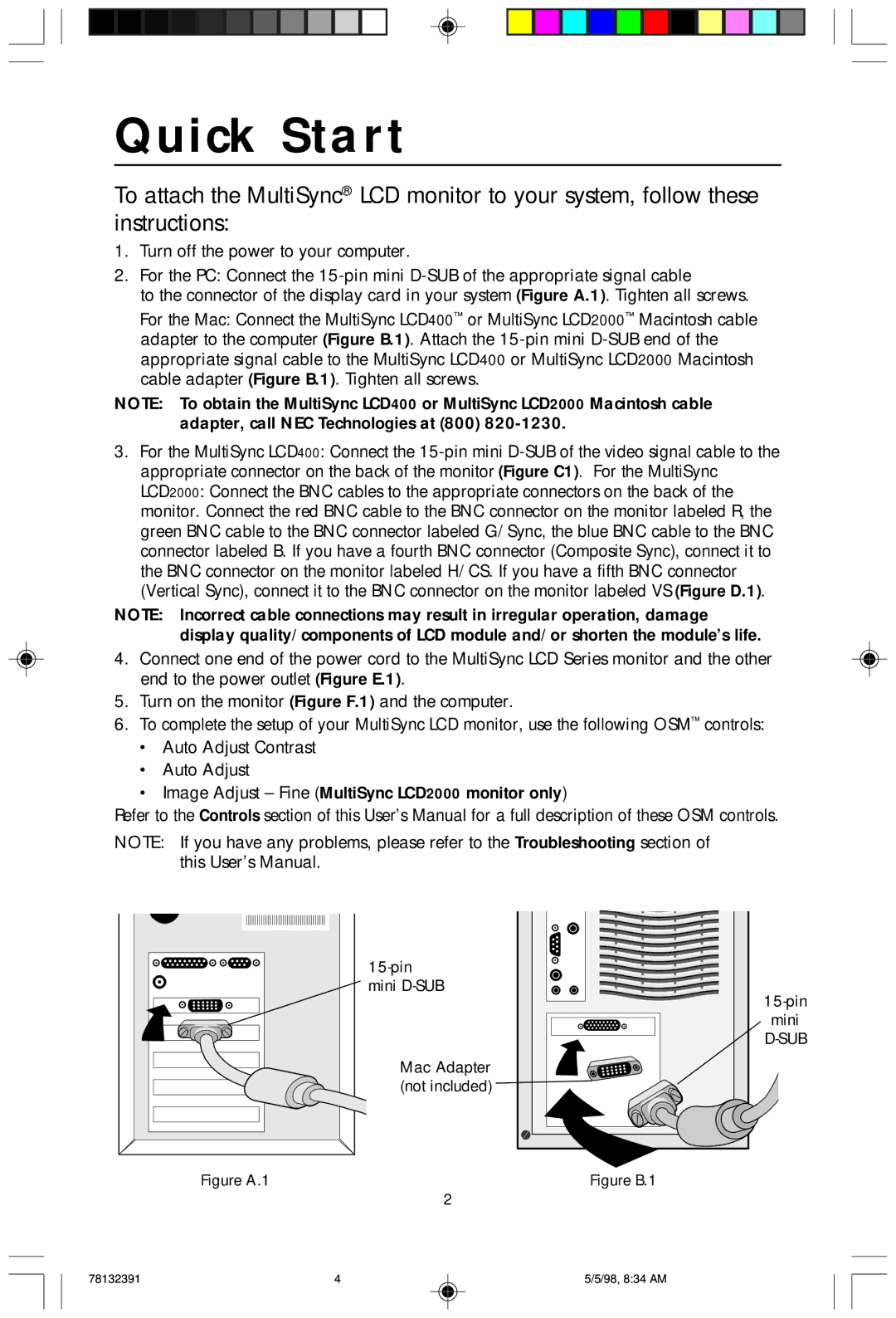 NEC LCD2000 user manual Quick Start, Figure A.1 