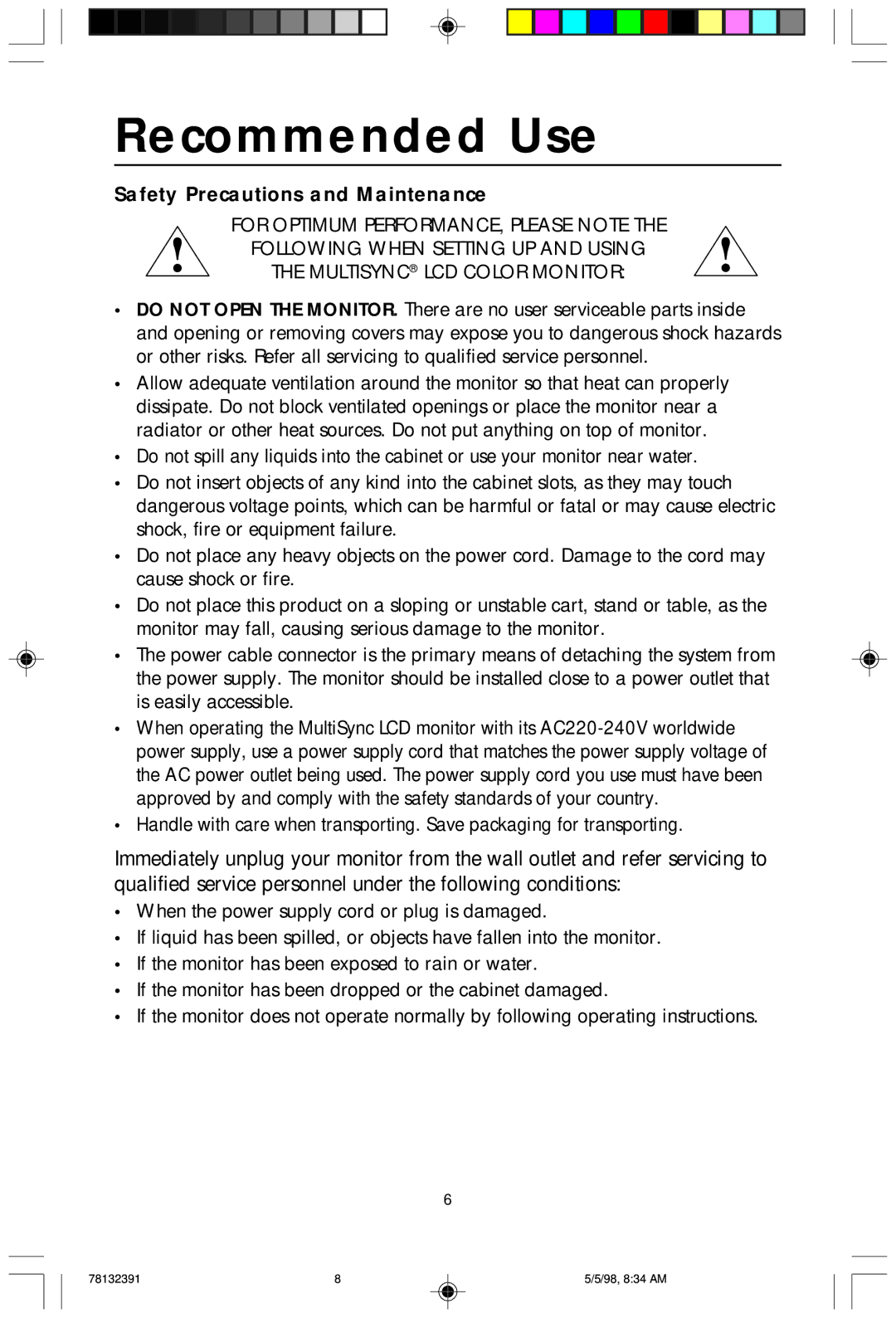 NEC LCD2000 user manual Recommended Use, Safety Precautions and Maintenance 