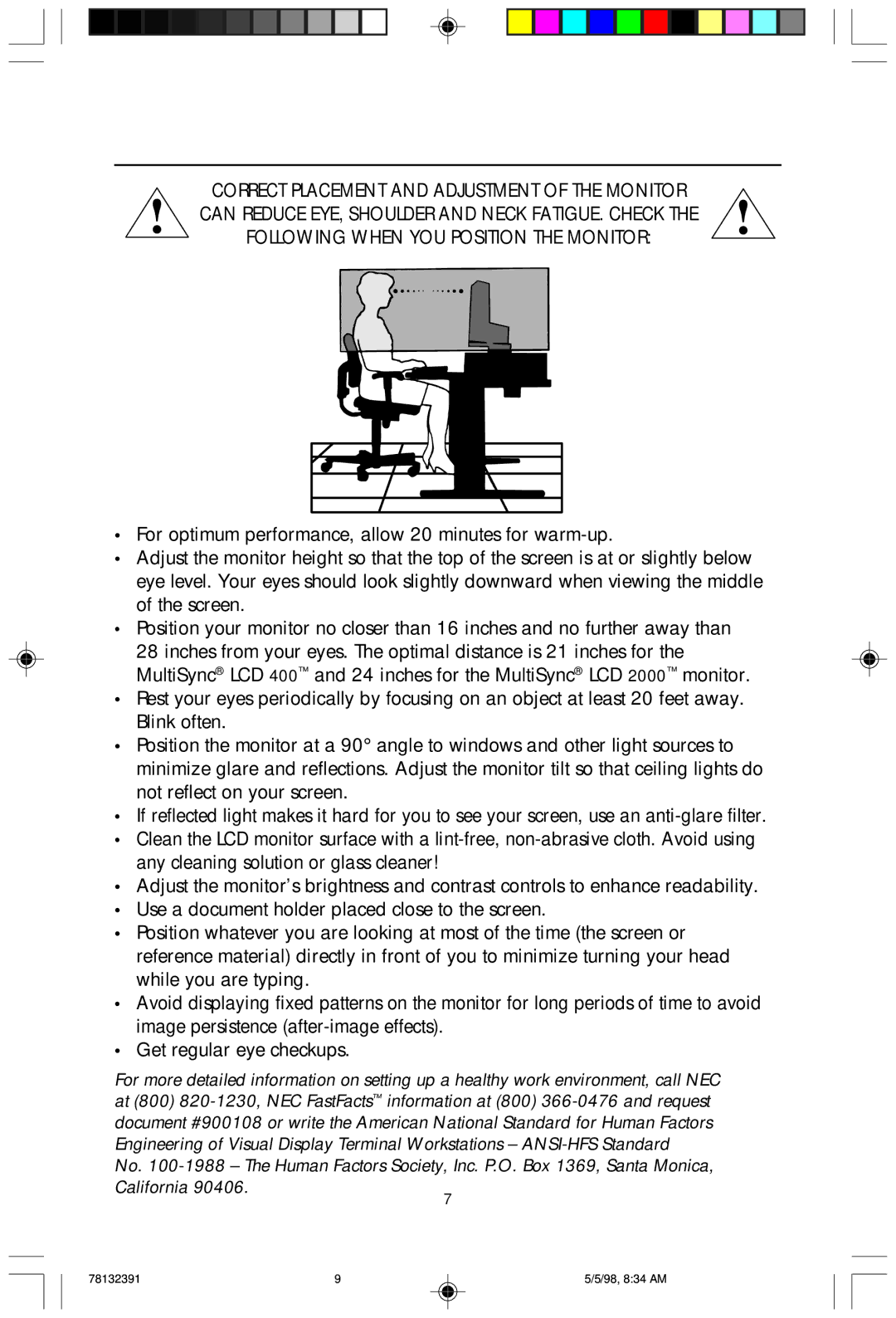 NEC LCD2000 user manual 78132391 98, 834 AM 