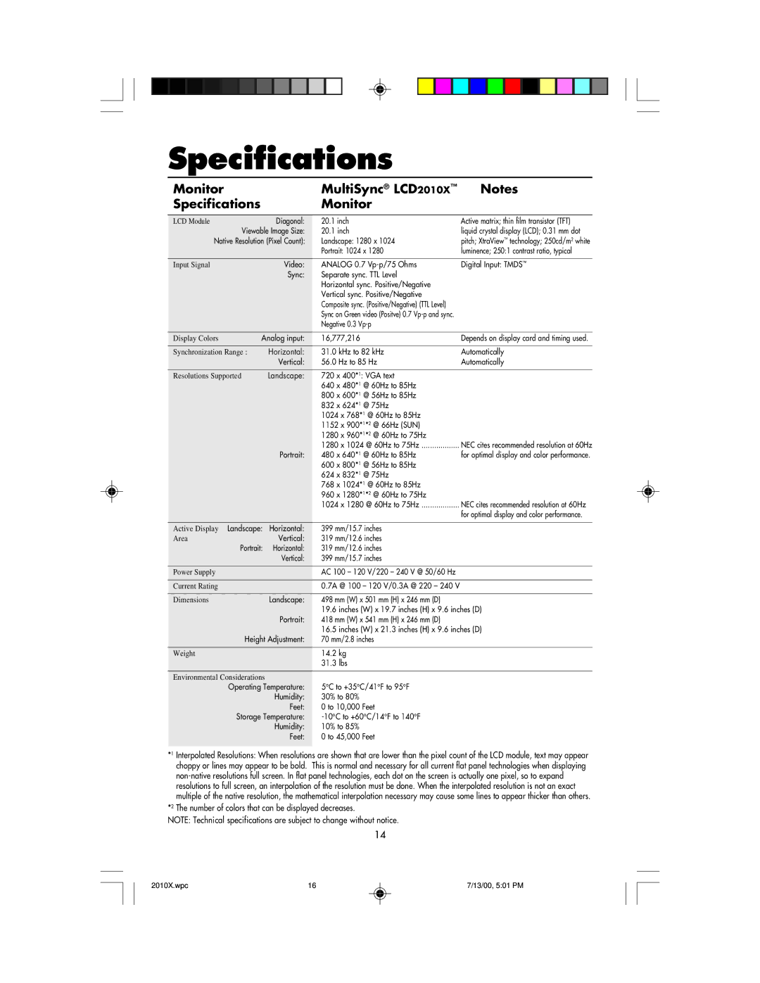 NEC manual Monitor MultiSync LCD2010X Specifications 