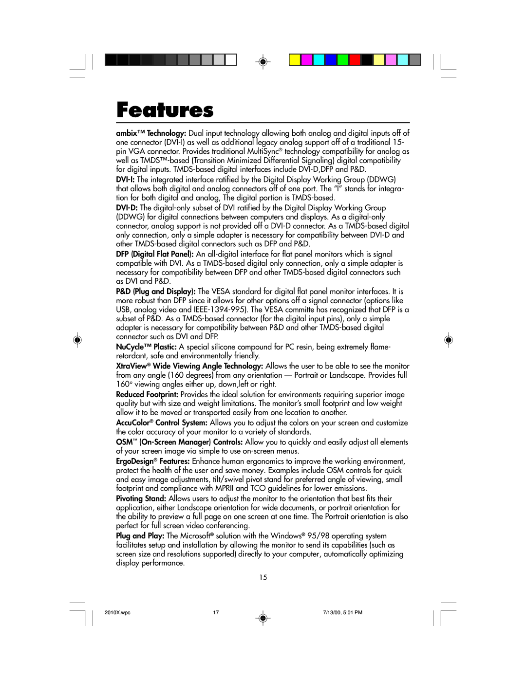 NEC LCD2010X manual Features 