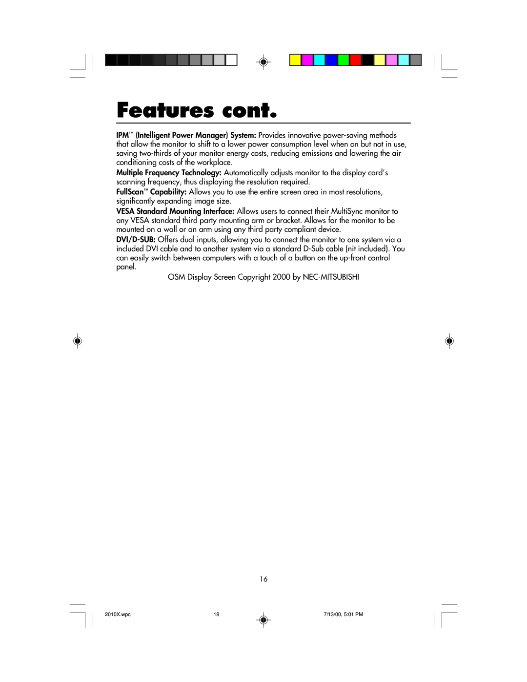 NEC LCD2010X manual Features 