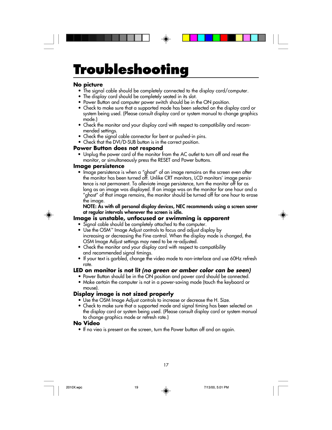 NEC LCD2010X manual Troubleshooting 